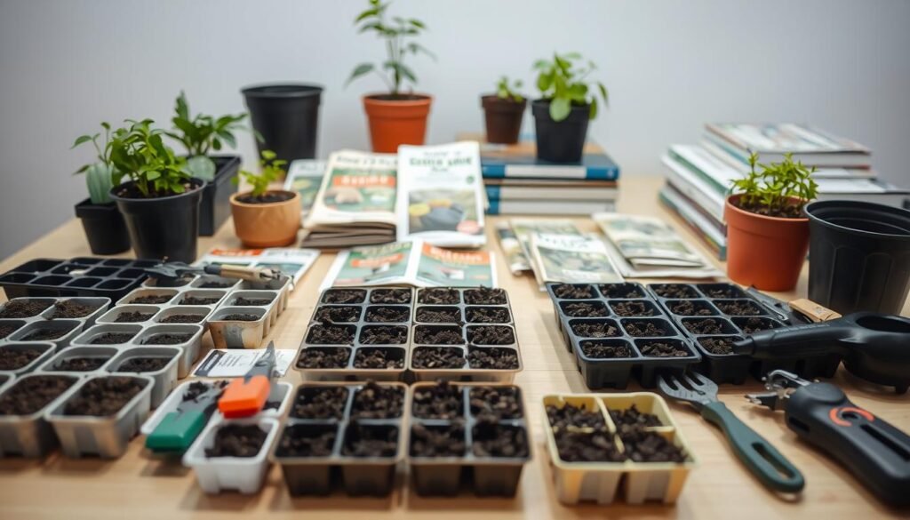 A bright, well-lit tabletop scene showcasing an assortment of materials for seed germination. In the foreground, an array of small seed trays, soil, and gardening tools are neatly arranged. The middle ground features a selection of various seed packets, each with detailed labeling. In the background, a few potted plants and a stack of gardening books create a sense of a dedicated workspace for seed preparation. The lighting is soft and diffused, illuminating the textures and colors of the different materials. The overall mood is one of organization, anticipation, and the promise of new growth.