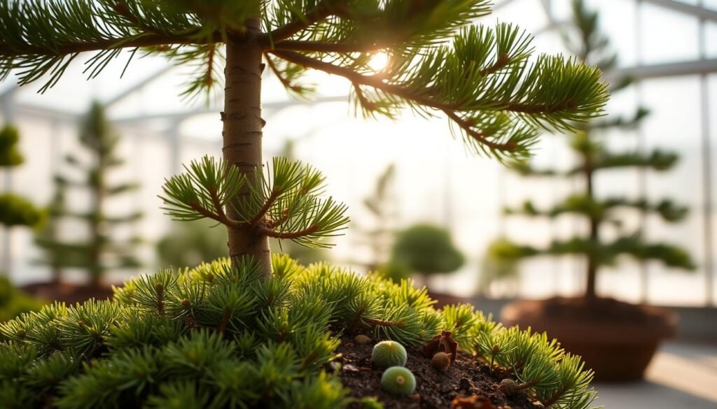 A close-up view of a meticulously pruned and shaped pine tree, its lush green foliage gently illuminated by soft, diffused natural lighting. The tree's branches are precisely trimmed, creating a symmetrical and aesthetically pleasing silhouette. The soil around the base is neatly packed, suggesting careful attention to the tree's overall appearance and health. The setting is a serene, indoor environment, perhaps a greenhouse or a well-lit conservatory, with a sense of calm and tranquility. The image captures the essence of the art of pine tree shaping and grooming, showcasing the meticulous techniques required to maintain the tree's form and beauty.