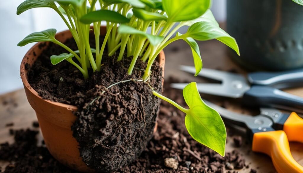 A close-up view of a potted plant being carefully prepared for transplantation. The plant's rootball is exposed, with soil gently loosened around the edges. Gardening tools, such as a trowel and pruning shears, are arranged nearby, ready to assist in the process. The light is soft and diffused, casting gentle shadows that highlight the delicate structure of the plant's leaves and stems. The background is blurred, putting the focus on the intricate steps of the transplantation process. The scene conveys a sense of care, attention, and the nurturing of new growth.