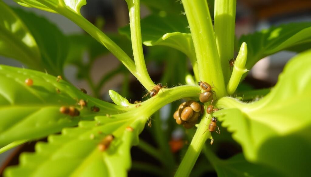A close-up view of common pests affecting potted plants, illuminated by soft, natural lighting. In the foreground, a detailed depiction of aphids, spider mites, and thrips infesting lush, green foliage. The middle ground showcases a mealybug colony nestled between stems, while the background subtly hints at the overall plant's context, perhaps a cozy indoor setting or a sheltered outdoor patio. The composition emphasizes the pests' distinct characteristics, textures, and behaviors, allowing viewers to carefully examine and identify these common challenges faced by potted plant enthusiasts.