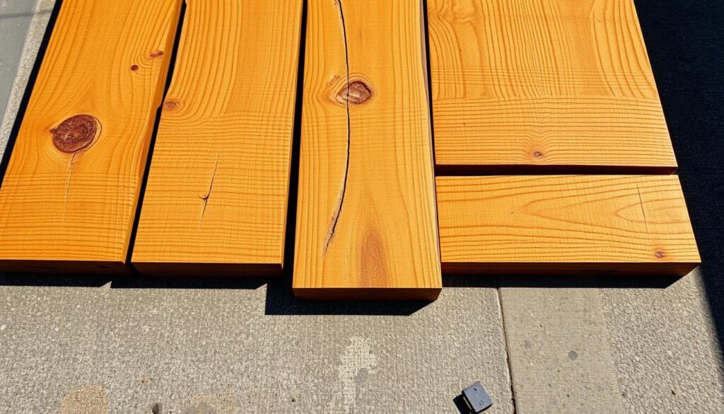 A close-up view of several durable, high-quality wooden planks laid out on a weathered, textured surface. The wood has a rich, warm tone and a smooth, polished finish, reflecting the natural beauty and resilience of the material. The planks are arranged in a visually pleasing, symmetrical pattern, casting subtle shadows and creating a sense of depth and dimension. The lighting is soft and natural, highlighting the grain and texture of the wood, conveying a sense of quality and craftsmanship. The overall mood is one of sophistication, reliability, and a connection to the natural world.