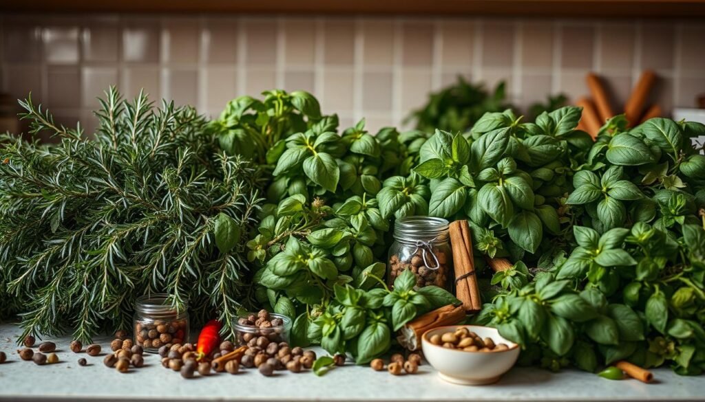A cozy kitchen counter overflows with an abundant display of fresh herbs and spices. In the foreground, lush bunches of rosemary, thyme, and basil intermingle, their verdant leaves gently illuminated by soft, warm lighting. Scattered throughout the middle ground are small glass jars and ceramic bowls filled with fragrant peppercorns, whole cinnamon sticks, and dried chili peppers. The background features a neutral-toned tile backsplash, complementing the earthy tones of the kitchen's natural ingredients. The overall scene exudes a rustic, homey atmosphere, inviting the viewer to imagine the flavorful dishes that could be created with these carefully curated culinary accents.
