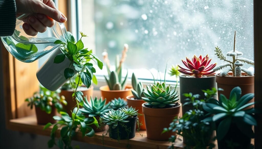 A cozy winter garden scene with potted plants, succulents, and leafy greens nestled on a wooden shelf. Soft, diffused natural light filters through the window, creating a warm, serene atmosphere. In the foreground, a gardener's hand gently waters a thriving houseplant, showcasing the attentive care needed to maintain plant health during the colder months. The middle ground features a variety of potted plants, each with unique textures and hues, arranged in a visually pleasing composition. In the background, a snow-dusted windowsill adds a subtle wintry touch, complementing the indoor greenery. The overall scene conveys the tranquility and satisfaction of nurturing plants through the winter season.