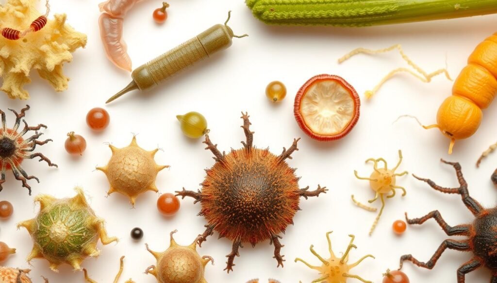 A detailed close-up view of various causal agents of plant diseases, including bacteria, fungi, viruses, and nematodes, against a clean white background. The microorganisms are rendered with scientific accuracy and visual clarity, showcasing their unique morphological features that distinguish them as the culprits behind common plant ailments. Crisp, high-resolution focus, with soft, directional lighting that accentuates the textural details of the specimens. The composition is well-balanced, allowing each pathogen to be prominently displayed for educational and diagnostic purposes.