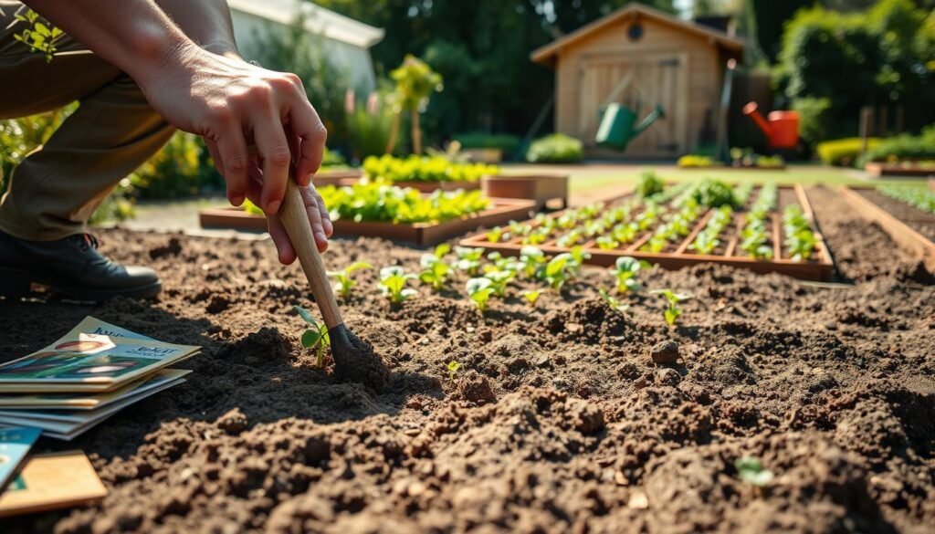 A detailed step-by-step process of sowing vegetable seeds in a well-tended garden. In the foreground, hands carefully planting seeds into freshly tilled soil, with a variety of colorful seed packets nearby. The middle ground shows a raised garden bed with neatly organized rows, lush greenery, and a watering can. In the background, a shed or greenhouse provides a sense of structure, complemented by a bright, natural lighting that casts warm shadows. The scene conveys a tranquil, nurturing atmosphere, inviting the viewer to engage with the rhythmic, time-honored techniques of seed planting.