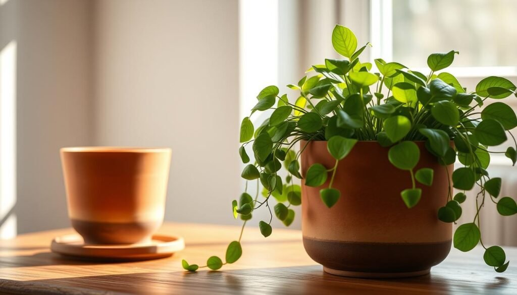 A finely crafted still life showcasing a set of self-fertilizing plant pots. In the foreground, a trio of ceramic vessels in earthy tones, each with a built-in reservoir and slow-release nutrient system. The middle ground features lush, verdant foliage spilling over the pot rims, hinting at the self-sustaining nature of the design. Soft, diffused natural lighting filters through a window, casting gentle shadows and highlighting the organic textures. The background fades into a minimalist, serene setting, allowing the innovative pots to take center stage. The overall composition conveys a sense of effortless, sustainable indoor gardening.