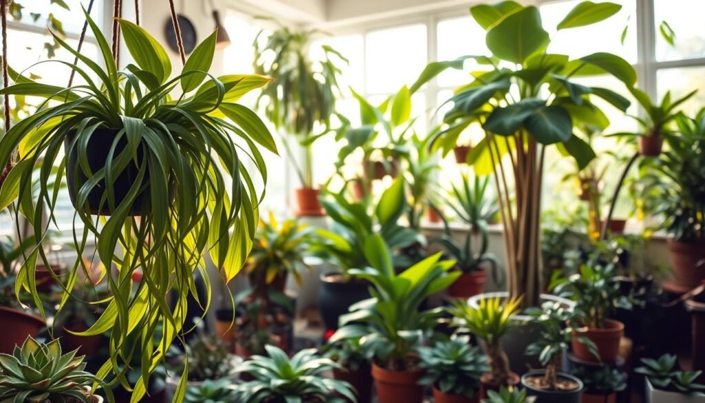 A flourishing indoor garden showcasing the unique needs of various plant species. In the foreground, a lush, verdant spider plant cascades from a hanging planter, its long, graceful leaves contrasting with the compact, waxy leaves of a nearby succulent. In the middle ground, a towering fiddle-leaf fig tree stands tall, its broad, glossy leaves reaching towards the warm, diffused light filtering in through large windows. The background is filled with an assortment of potted plants, each with its own distinct foliage and growth habits, reflecting the diversity of specific requirements for successful cultivation. The scene is bathed in a soft, natural light, creating a serene, nurturing atmosphere for this delicate indoor ecosystem.