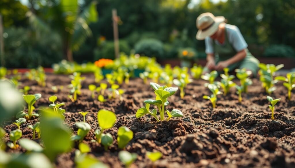 A lush, detailed garden scene with a focus on common mistakes made when planting seeds. In the foreground, a close-up view showcases improper seed depth, overcrowding, and uneven soil preparation. The middle ground features a gardener carefully tending to a thriving plant, demonstrating the correct techniques. The background depicts a well-organized, vibrant garden bed with healthy seedlings sprouting. Soft, warm lighting filters through the scene, creating a serene, educational atmosphere. Captured with a shallow depth of field, using a medium-format camera lens to emphasize the key details.