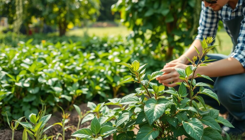 A lush garden scene with a recently pruned plant taking center stage. The foreground shows the plant's neatly trimmed foliage, with fresh new growth emerging from the pruned sections. In the middle ground, a gardener kneels beside the plant, examining it carefully and applying a gentle touch to the cut areas. The background features a verdant landscape of other thriving plants, with dappled sunlight filtering through the leaves. The overall mood is one of nurturing care and the promise of regrowth, conveying the importance of proper post-pruning maintenance for the plant's recovery and continued health.