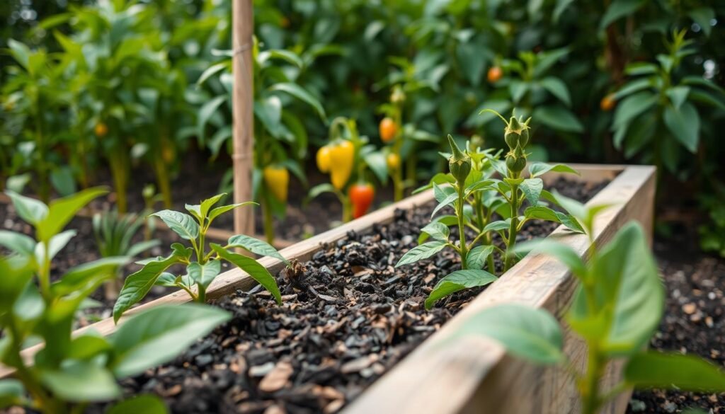 A lush garden scene, with a wooden planter box in the foreground filled with rich, dark soil. In the middle ground, various pepper plants in different stages of growth, their vibrant green leaves and budding peppers standing out against a backdrop of verdant foliage. The lighting is soft and diffused, creating a warm, welcoming atmosphere. The camera angle is slightly elevated, giving a sense of depth and perspective. The overall composition conveys a sense of care, attention, and the excitement of preparing to cultivate a thriving pepper garden.