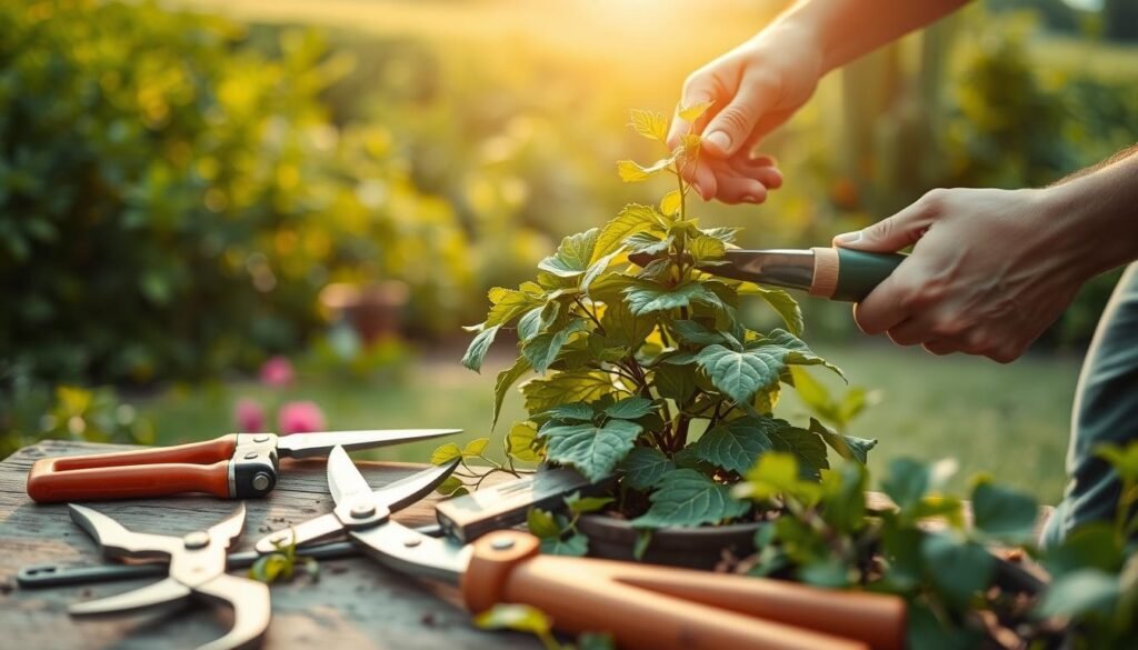 A lush garden setting, with a close-up view of a gardener's hands carefully pruning a healthy, vibrant plant. The foreground features the pruning tools - sharp shears, loppers, and a handsaw - laid out neatly. The middle ground showcases the plant being trimmed, its leaves and branches meticulously shaped. In the background, a blurred out but verdant landscape sets the scene, with the warm, golden light of the sun filtering through the foliage. The overall mood is one of focused, skilled attention to the art of pruning, conveying the step-by-step techniques of this horticultural practice.