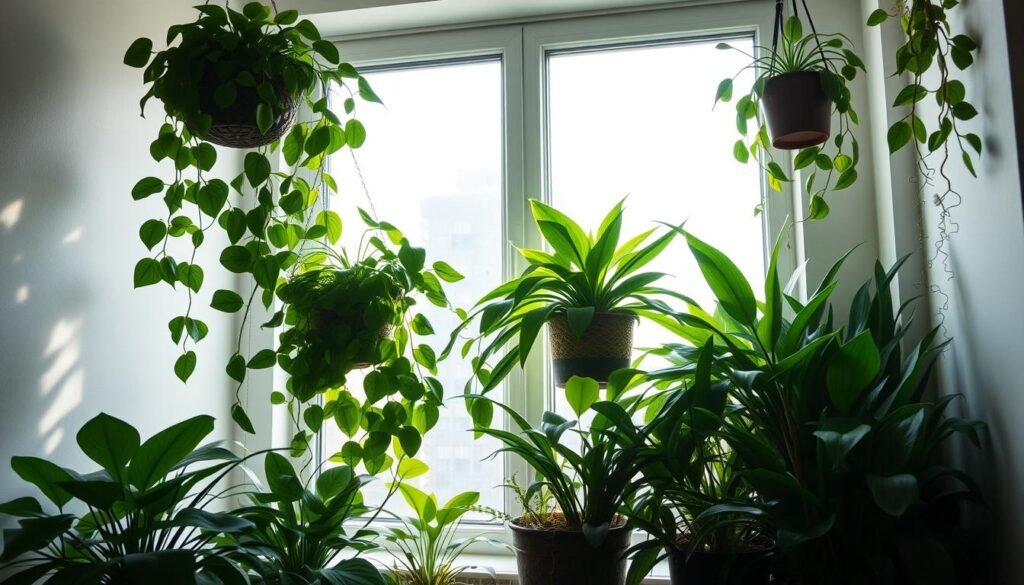 A lush indoor garden thriving in a dimly lit apartment corner. Leafy, low-light-tolerant houseplants such as pothos, peace lily, snake plant, and ZZ plant cascade from hanging baskets and bask in the soft, filtered light streaming through the large windows. Muted green hues and natural textures create a serene, calming atmosphere, perfect for an urban oasis. The camera captures a close-up view, emphasizing the plants' hardy, resilient nature and their ability to adapt to limited lighting conditions common in small living spaces.