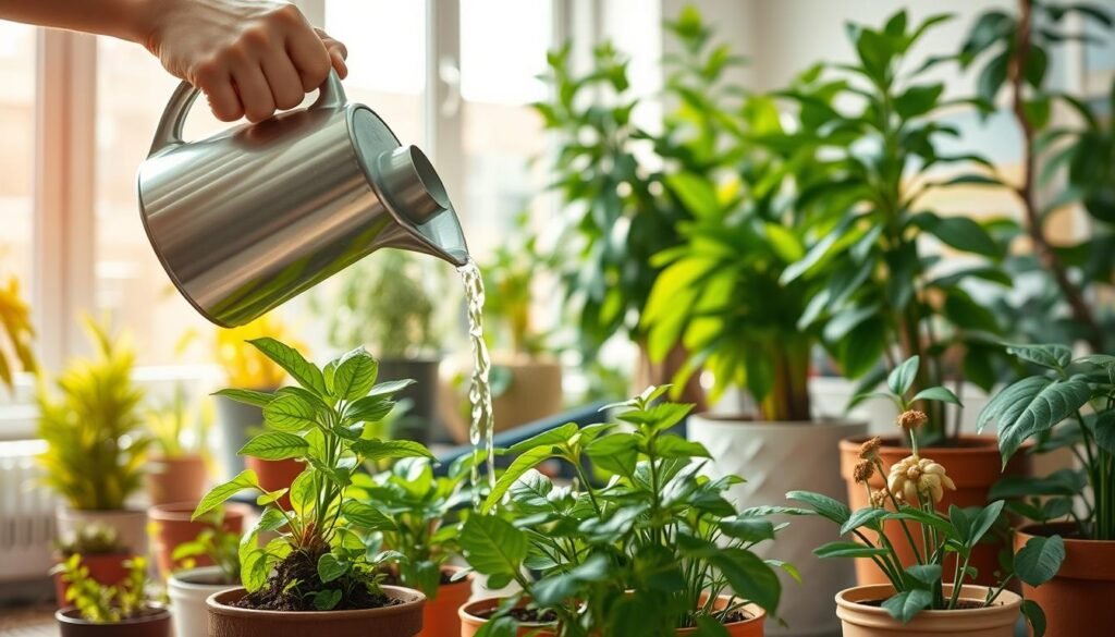 A lush indoor plant scene showcasing the correct watering technique for potted plants. In the foreground, a person's hands gently pour water from a watering can onto the soil of a thriving potted plant, creating a soothing, rhythmic flow. The middle ground features an assortment of healthy, vibrant potted plants of varying sizes and foliage, arranged in a natural, casual manner. The background depicts a bright, airy room with warm, natural lighting filtering through large windows, casting a soft glow over the scene. The overall atmosphere conveys a sense of tranquility and care, perfectly capturing the essence of nourishing potted plants with the right watering approach.