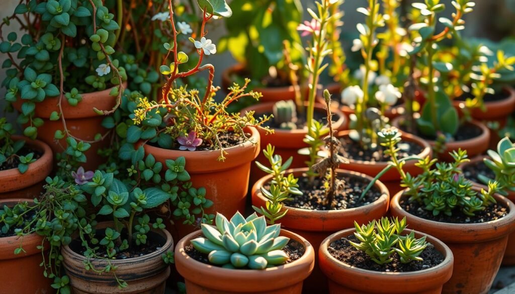 A lush, miniature garden thriving in a collection of small terracotta pots, arranged in a harmonious tableau. Vibrant succulents, trailing vines, and delicate flowering plants cascade over the rims, casting soft shadows across the weathered surfaces. Warm, golden sunlight filters through the leaves, illuminating the textural details of the soil, pots, and plants. The overall composition evokes a sense of tranquility and the rewarding possibilities of cultivating a thriving urban oasis in confined spaces.