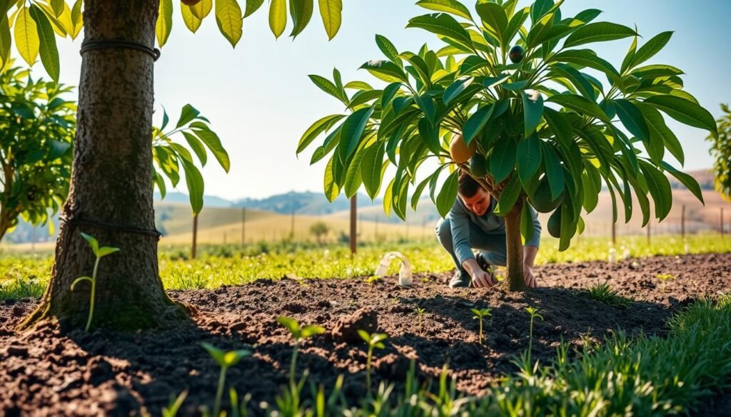 A lush, verdant avocado tree in the foreground, its broad leaves rustling gently in a soft breeze. The tree's trunk rises from a well-tended bed of rich, dark soil, dotted with small tender seedlings just beginning to sprout. In the middle ground, a gardener kneels, carefully examining the young plants, checking their progress and gently removing any weeds that may have taken hold. The background is a tranquil pastoral scene, with rolling hills and a clear blue sky, creating a serene and nurturing environment for the thriving avocado tree. Warm, natural lighting filters through the leaves, casting a golden glow over the entire composition.