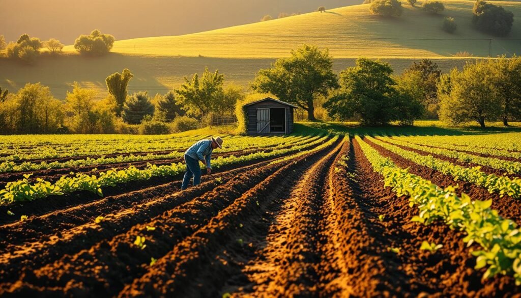 A lush, verdant field bathed in warm, golden sunlight. In the foreground, a farmer meticulously tills the soil, preparing the earth for the upcoming planting season. Rows of freshly turned earth stretch out as far as the eye can see, their rich, dark hues contrasting with the vibrant green foliage of the surrounding trees. In the middle ground, a small shed stands, its weathered wooden facade adding a rustic charm to the scene. The background is framed by a gently rolling hill, its slopes dotted with the silhouettes of fruit-bearing trees, their branches heavy with the promise of a bountiful harvest. The overall atmosphere is one of anticipation and hope, a serene and tranquil moment before the flurry of activity that will mark the planting season.