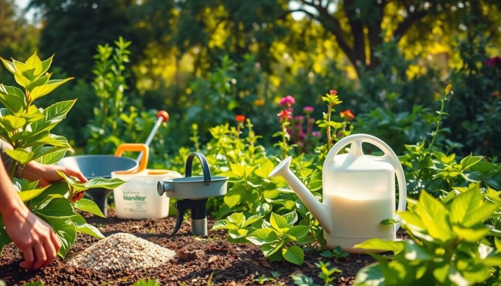 A lush, verdant garden scene featuring various methods of fertilizer application. In the foreground, a close-up view of a gardener's hands carefully applying granular fertilizer around the base of a flourishing plant. The middle ground showcases a variety of fertilizer applicators, including a handheld spreader, a hose-end sprayer, and a watering can with a diluted liquid fertilizer solution. In the background, a diverse array of healthy, thriving plants of different sizes and species, illuminated by warm, natural sunlight filtered through a canopy of leafy trees. The overall composition conveys a sense of harmony, productivity, and environmental stewardship. A lush, verdant garden scene featuring various methods of fertilizer application. In the foreground, a close-up view of a gardener's hands carefully applying granular fertilizer around the base of a flourishing plant. The middle ground showcases a variety of fertilizer applicators, including a handheld spreader, a hose-end sprayer, and a watering can with a diluted liquid fertilizer solution. In the background, a diverse array of healthy, thriving plants of different sizes and species, illuminated by warm, natural sunlight filtered through a canopy of leafy trees. The overall composition conveys a sense of harmony, productivity, and environmental stewardship.