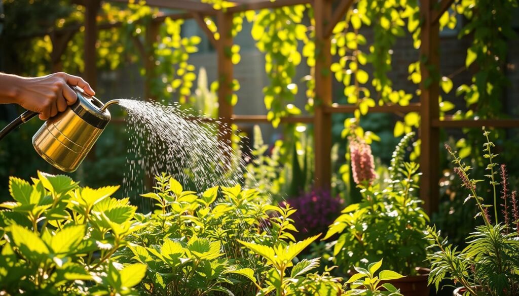 A lush, verdant garden scene illuminated by warm, golden afternoon sunlight. In the foreground, a gardener carefully waters a variety of potted plants, their leaves glistening with droplets. The middle ground features a selection of thriving, sun-loving plants, their vibrant colors and textures creating a visually stunning display. In the background, a wooden trellis supports climbing vines, casting delicate shadows across the scene. The overall mood is one of tranquility and nurturing, highlighting the techniques used to properly care for plants in direct sunlight.