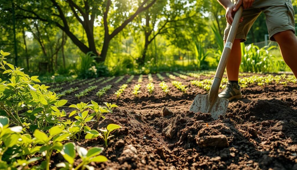 A lush, verdant garden scene showcasing the careful preparation of soil for cultivation. In the foreground, a gardener tills the earth with a sturdy spade, turning over the rich, dark loam and incorporating organic matter to enrich the soil. Sunlight filters through the canopy of leafy trees in the middle ground, casting a warm, natural glow over the scene. In the background, neatly arranged rows of freshly sown seeds await their opportunity to sprout and thrive, thanks to the gardener's attentive care and attention to detail. The overall atmosphere is one of tranquility, productivity, and the promise of bountiful growth to come.