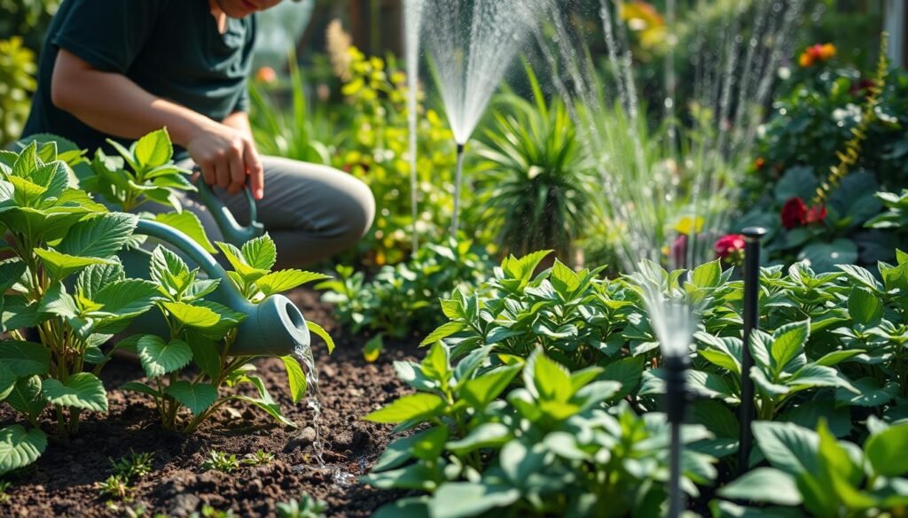 A lush, verdant garden scene with a focus on a gardener diligently watering plants using a variety of techniques. The foreground features a person kneeling down, carefully directing the flow of water from a watering can onto the soil around the base of vibrant, leafy plants. The middle ground showcases different watering methods, such as a drip irrigation system and a sprinkler, demonstrating efficient and targeted watering approaches. The background depicts a well-maintained, thriving garden filled with diverse flora, conveying the positive impact of proper watering techniques. The lighting is soft and natural, creating a serene, educational atmosphere that invites the viewer to learn about effective irrigation practices. A lush, verdant garden scene with a focus on a gardener diligently watering plants using a variety of techniques. The foreground features a person kneeling down, carefully directing the flow of water from a watering can onto the soil around the base of vibrant, leafy plants. The middle ground showcases different watering methods, such as a drip irrigation system and a sprinkler, demonstrating efficient and targeted watering approaches. The background depicts a well-maintained, thriving garden filled with diverse flora, conveying the positive impact of proper watering techniques. The lighting is soft and natural, creating a serene, educational atmosphere that invites the viewer to learn about effective irrigation practices.