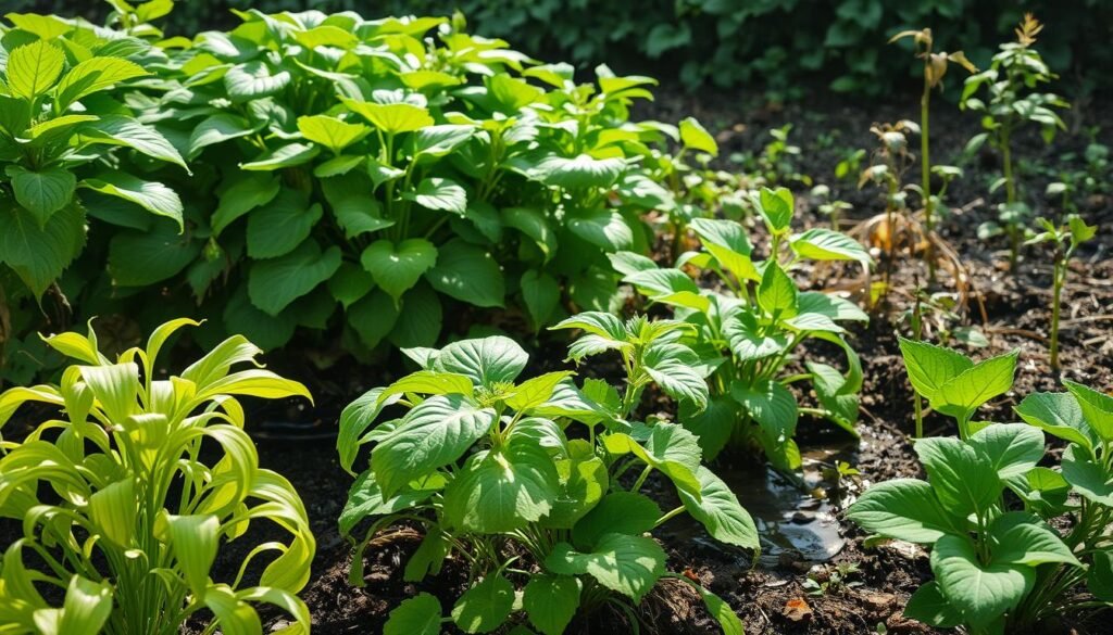 A lush, verdant garden scene with plants struggling in either too much or too little water. In the foreground, overwatered plants droop and wilt, leaves yellowing and roots submerged. In the middle ground, healthy plants thrive, their leaves glistening under soft, diffused natural lighting. In the background, an underwatered section of the garden, plants wilting, soil cracked and dry. The overall mood is one of balance and imbalance, highlighting the importance of proper water management for successful plant cultivation. Captured with a wide-angle lens to showcase the full scope of the garden, the image conveys the central message of the article section.