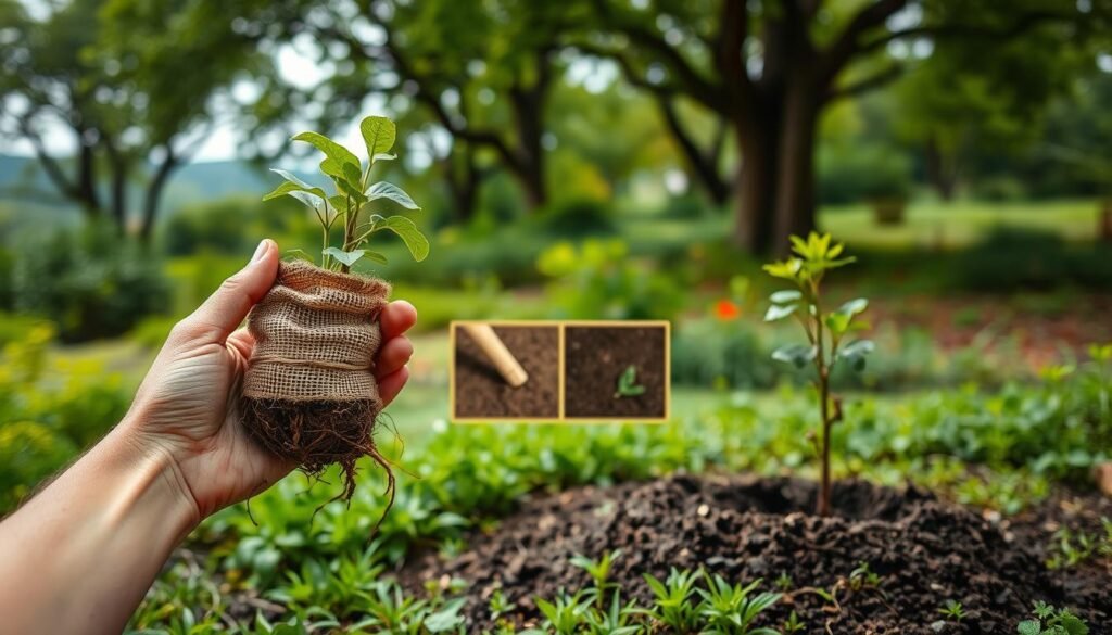A lush, verdant garden setting with a focus on the process of planting seedlings. In the foreground, a pair of hands delicately transporting a small tree sapling, its roots wrapped in protective burlap. The middle ground showcases a step-by-step progression, with images of digging a hole, adding nutrient-rich soil, and carefully positioning the sapling. In the background, a serene landscape with mature trees and a soft, diffused natural light, creating a calming atmosphere. The overall composition emphasizes the care and attention required to properly plant and nurture young tree seedlings.