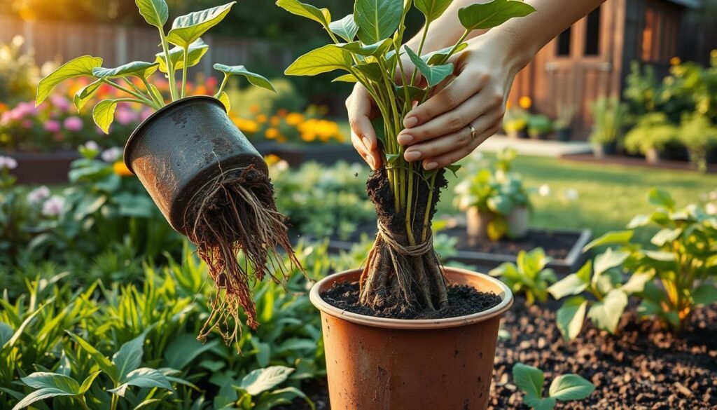 A lush, verdant garden setting with a potted plant in the foreground. The plant is being carefully extracted from its container, its roots exposed. In the middle ground, a person's hands are gently loosening the soil around the plant's root ball. Warm, soft lighting casts a natural glow, highlighting the delicate process. The background features a well-tended flowerbed and a wooden garden shed, conveying a sense of peaceful tranquility. The scene captures the step-by-step care and attention required to successfully transplant a plant from a pot to the soil, showcasing the nurturing relationship between a gardener and their plants.