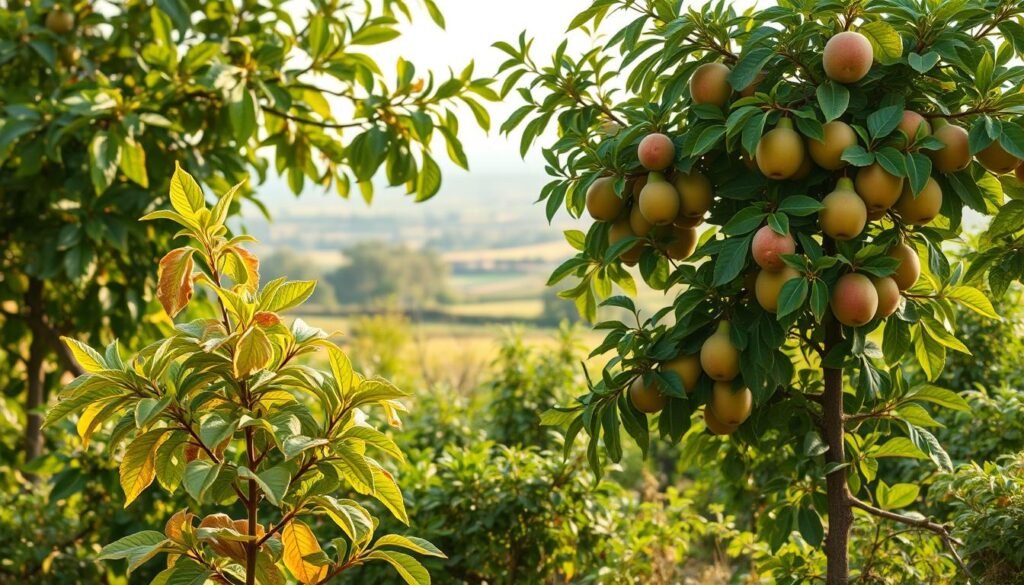 A lush, verdant garden setting with a variety of fruit trees in various stages of growth. In the foreground, a young sapling struggles, its leaves wilting and discolored, indicating signs of improper watering or pest infestation. Nearby, an older tree bears misshapen, diseased fruit, highlighting the consequences of inadequate pruning or nutrient deficiencies. The middle ground reveals a healthy, thriving tree, its branches laden with ripe, vibrant produce, showcasing the rewards of proper cultivation techniques. The background depicts a tranquil, sun-dappled landscape, suggesting the picturesque potential of a well-tended fruit orchard. Soft, warm lighting casts a gentle glow, creating an atmospheric, instructive scene to illustrate common cultivation errors and their solutions.