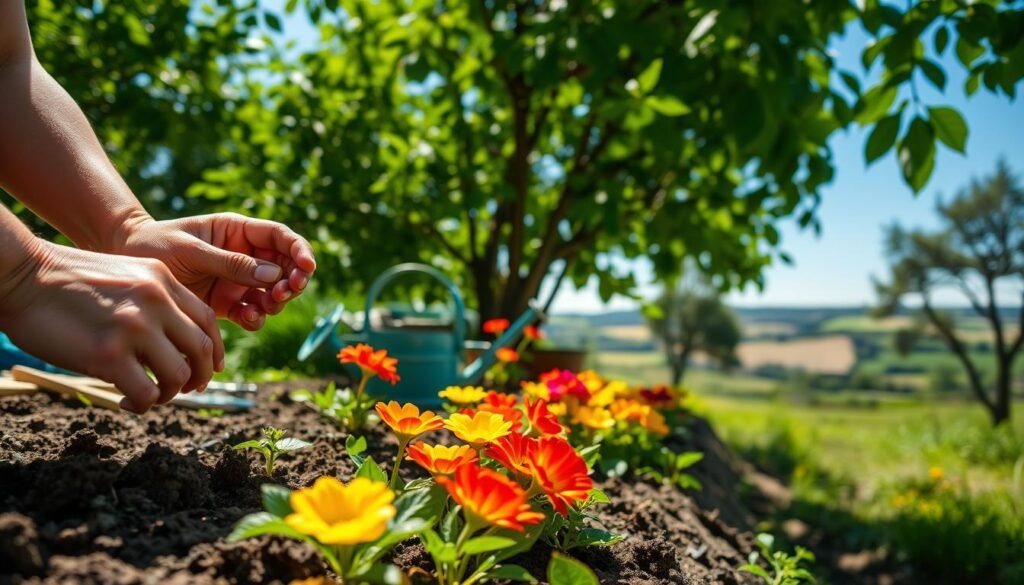 A lush, verdant garden setting with sunlight filtering through the leaves, showcasing the planting of colorful flower seeds. In the foreground, a pair of hands delicately placing small seeds into freshly tilled soil, with a watering can and gardening tools nearby. The middle ground features a variety of vibrant blooms, their petals unfurling in shades of red, yellow, and purple. In the background, a picturesque countryside landscape with rolling hills and a clear, blue sky. The scene exudes a sense of tranquility and the joy of nurturing new life, reflecting the process of sowing the seeds for a beautiful flower garden.