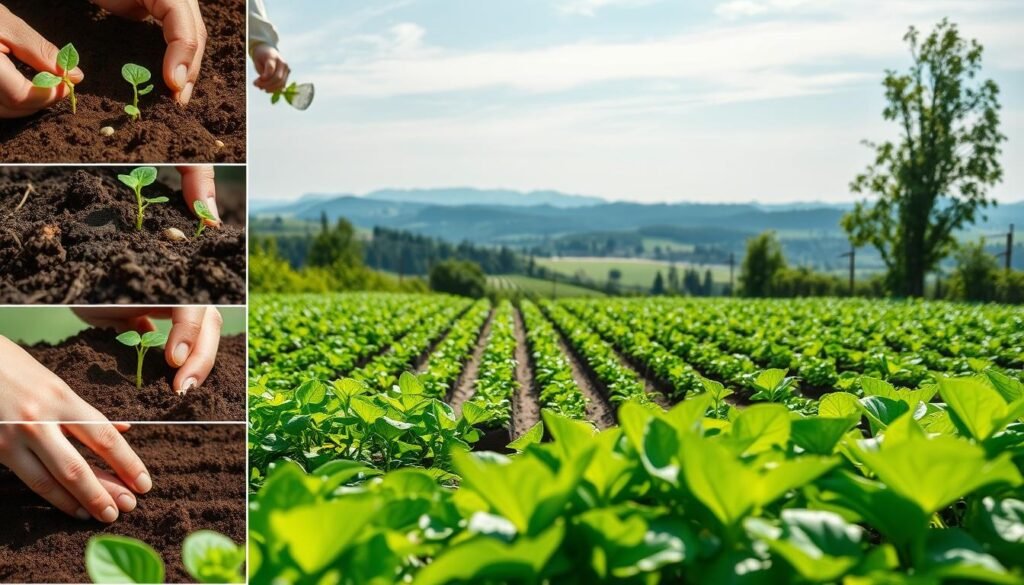 A lush, verdant garden setting with vibrant, healthy plants in the foreground. Close-up shots of various planting techniques, such as seed sowing, seedling transplanting, and soil amendment application, showcasing the intricate processes involved in effective planting. The middle ground features a well-organized, neatly tilled vegetable patch with rows of thriving crops. In the background, a scenic landscape with rolling hills, a clear blue sky, and soft, diffused natural lighting, conveying a sense of harmony and abundance. The overall mood is one of tranquility, productivity, and a deep connection to the natural world.