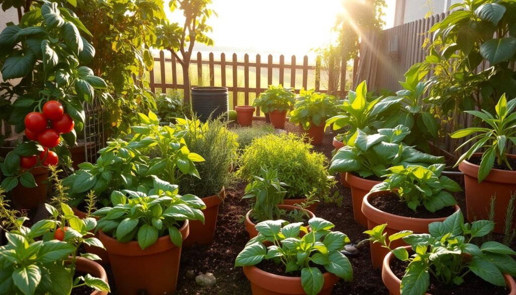 A lush, verdant home garden brimming with a diverse array of thriving vegetables, herbs, and leafy greens. The foreground features neatly arranged terracotta pots and planters, their soil rich and moist, each containing a different edible plant - tomatoes, basil, rosemary, kale, and more. Sunlight filters through the leaves, casting a warm, golden glow over the scene. In the middle ground, a small compost bin and gardening tools suggest a holistic, sustainable approach. The background showcases a simple wooden fence, and beyond it, a glimpse of a tranquil urban landscape. An atmosphere of calm productivity and connection to nature pervades the image.