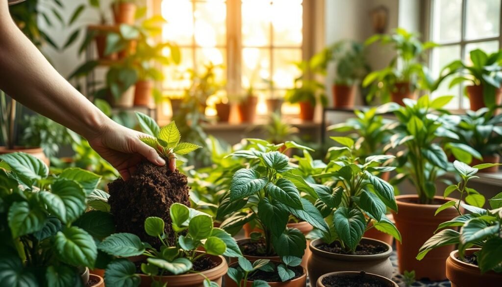 A lush, verdant indoor garden scene, bathed in warm, diffused natural light from a large window. In the foreground, a gardener's hands carefully applying a rich, dark compost to the soil around the base of potted plants, nourishing their roots. The middle ground features a variety of hearty, thriving houseplants in ceramic and terracotta pots, their leaves glistening with health. In the background, shelves hold additional potted plants, creating a sense of abundance and green serenity. The overall mood is one of calm, nurturing care, and the deep satisfaction of tending to one's indoor garden.