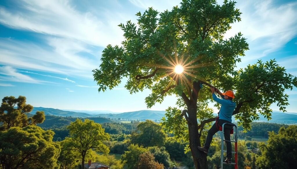 A lush, verdant landscape during the ideal season for tree pruning. In the foreground, a skilled arborist carefully trims the branches of a flourishing oak tree, the soft sunlight filtering through the leaves. In the middle ground, other healthy trees dot the scene, their shapes and colors reflecting the perfect time for this essential horticultural task. The background gently slopes into a horizon of rolling hills, the sky a serene azure hue with wispy clouds drifting overhead. The overall atmosphere conveys a sense of tranquility and environmental harmony, the ideal conditions for maintaining the vitality and beauty of the urban forest. A lush, verdant landscape during the ideal season for tree pruning. In the foreground, a skilled arborist carefully trims the branches of a flourishing oak tree, the soft sunlight filtering through the leaves. In the middle ground, other healthy trees dot the scene, their shapes and colors reflecting the perfect time for this essential horticultural task. The background gently slopes into a horizon of rolling hills, the sky a serene azure hue with wispy clouds drifting overhead. The overall atmosphere conveys a sense of tranquility and environmental harmony, the ideal conditions for maintaining the vitality and beauty of the urban forest.