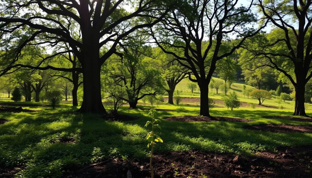 A lush, verdant landscape with towering trees casting long shadows across the ground. Sunlight filters through the canopy, illuminating the vibrant foliage and the rich soil beneath. In the foreground, a young sapling stands tall, its delicate leaves reaching towards the sky. The mid-ground is filled with a diverse array of mature trees, their trunks thick and sturdy, providing shelter and habitat for a variety of wildlife. The background features a serene, rolling hillside dotted with more trees, creating a peaceful, harmonious scene. The overall mood is one of tranquility and the abundance of natural beauty that comes from planting and nurturing trees.