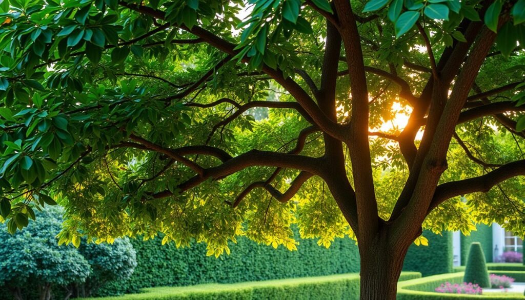 A lush, verdant scene showcasing the benefits of tree pruning. In the foreground, a well-maintained tree with a balanced, symmetrical canopy, its branches gracefully arching overhead. The mid-ground features a neatly trimmed trunk, revealing the tree's strong, healthy structure. In the background, a glimpse of a manicured garden, highlighting the visual appeal of a properly pruned tree. Warm, diffused lighting filters through the leaves, casting a soft, natural glow. The overall composition conveys a sense of harmony, where the tree's form and health are optimized through skillful pruning techniques. A lush, verdant scene showcasing the benefits of tree pruning. In the foreground, a well-maintained tree with a balanced, symmetrical canopy, its branches gracefully arching overhead. The mid-ground features a neatly trimmed trunk, revealing the tree's strong, healthy structure. In the background, a glimpse of a manicured garden, highlighting the visual appeal of a properly pruned tree. Warm, diffused lighting filters through the leaves, casting a soft, natural glow. The overall composition conveys a sense of harmony, where the tree's form and health are optimized through skillful pruning techniques.