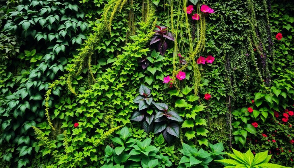 A lush, verdant wall adorned with a vibrant array of thriving plants. The foreground features a diverse selection of leafy flora, including cascading vines, towering ferns, and vibrant flowering species. The middle ground showcases a seamless blend of textures and hues, creating a harmonious tapestry of foliage. In the background, the wall itself is painted in a deep, earthy green, providing a natural and serene backdrop. Soft, diffused lighting casts a warm glow, accentuating the rich colors and textures of the plants. The overall scene evokes a sense of tranquility and connection with nature, inviting the viewer to immerse themselves in the beauty of a verdant, vertical garden.