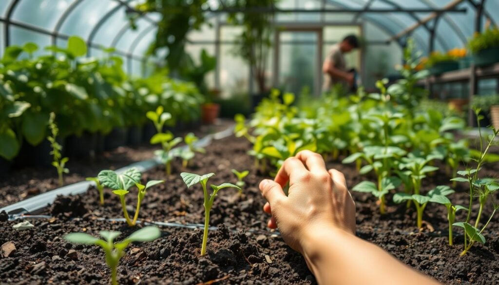 A lush, vibrant garden scene showcasing the essential care for developing plants. In the foreground, a gardener's hands tenderly tending to a young seedling, delicately watering and inspecting the soil. The middle ground features a variety of thriving plants in various stages of growth, their leaves and stems gently swaying in a soft, natural light. In the background, a well-organized greenhouse or garden shed, providing a sense of structure and support for the plants' journey. The overall atmosphere conveys a sense of nurturing, patience, and the rewarding process of plant cultivation. Captured with a wide, shallow depth of field to emphasize the focal point and create a sense of depth.