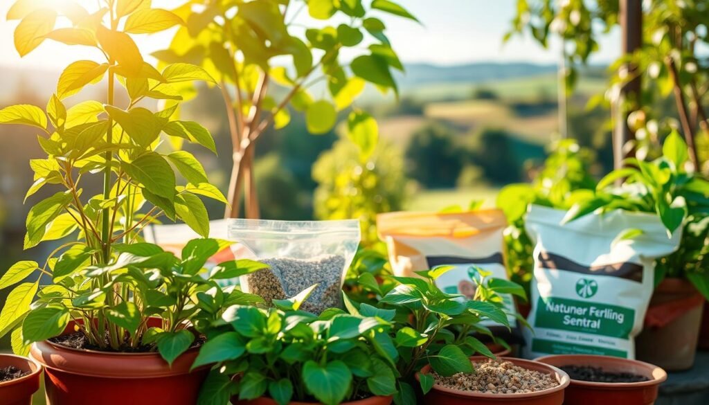A lush, vibrant garden scene with flourishing potted plants in the foreground, surrounded by a variety of natural fertilizers and soil amendments in the middle ground. Sunlight filters through the leaves, casting a warm, inviting glow. In the background, a serene and tranquil landscape unfolds, hinting at the benefits of efficient, sustainable gardening practices. The composition is balanced, with a focus on the visual harmony between the plants, the nourishing materials, and the overall environment. The image conveys a sense of abundance, vitality, and the rewarding results of optimized fertilization techniques.