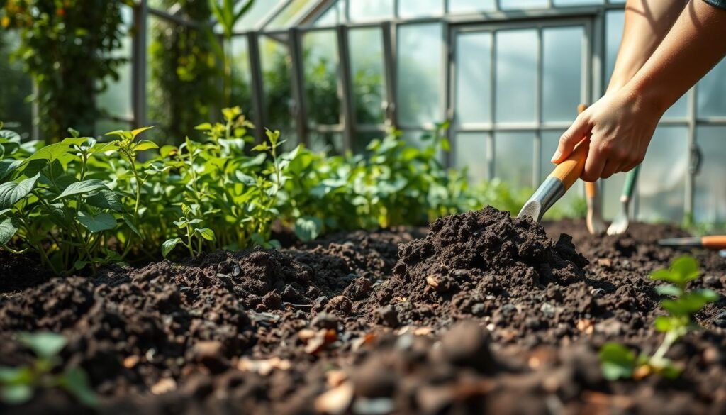 A lush, well-lit garden scene depicting the preparation of soil for planting. In the foreground, hands carefully turn over the rich, dark earth, exposing its fertile layers. Clusters of gardening tools, such as shovels and rakes, rest nearby, awaiting their use. The middle ground showcases a variety of plants, their green foliage and delicate stems providing a vibrant contrast to the earthy tones. In the background, a tranquil greenhouse or potting shed sets the stage, its glass panels allowing natural light to flood the space. The overall atmosphere conveys a sense of care, productivity, and the nurturing spirit essential for successful plant cultivation.