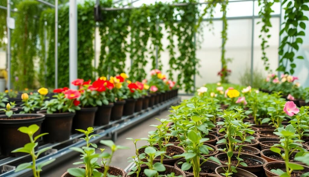 A lush, well-lit greenhouse interior, showcasing a variety of potted flower seedlings. The foreground features a cluster of delicate seedlings, their tender leaves and stems illuminated by soft, diffused natural light. The middle ground presents a row of neatly arranged pots, each housing a different species of flowering plant, ranging from vibrant reds and yellows to pastel pinks and purples. In the background, a wall of verdant foliage and trailing vines creates a serene, nature-inspired ambiance. The overall composition conveys a sense of care, attention, and the nurturing environment essential for the healthy growth of these young flower plants.