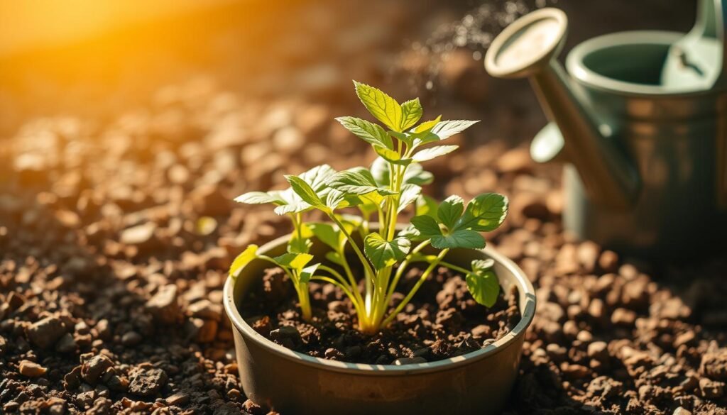 A lush, well-watered potted plant sits in warm, natural sunlight, casting soft shadows on the rich, loamy soil. The plant's vibrant green leaves and delicate stems sway gently, conveying a sense of health and vitality. A watering can rests nearby, hinting at the care and attention required to nurture this young, thriving specimen. The overall scene exudes a sense of tranquility and growth, perfectly capturing the essence of properly watering newly planted seeds.