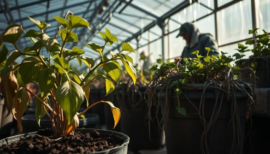 A meticulously detailed scene depicting common mistakes in plant cultivation during the winter season. In the foreground, a close-up view of a neglected potted plant with drooping, yellowing leaves and soil that appears overly compacted. In the middle ground, a gardener reaching into an overcrowded planter, struggling to untangle a mess of root systems. In the background, a greenhouse interior with too-high humidity, condensation dripping from the ceiling. Dramatic low-angle lighting casts long shadows, creating a somber, cautionary tone. Muted earthy tones predominate, with hints of vibrant green foliage struggling to thrive amidst the signs of horticultural mismanagement.