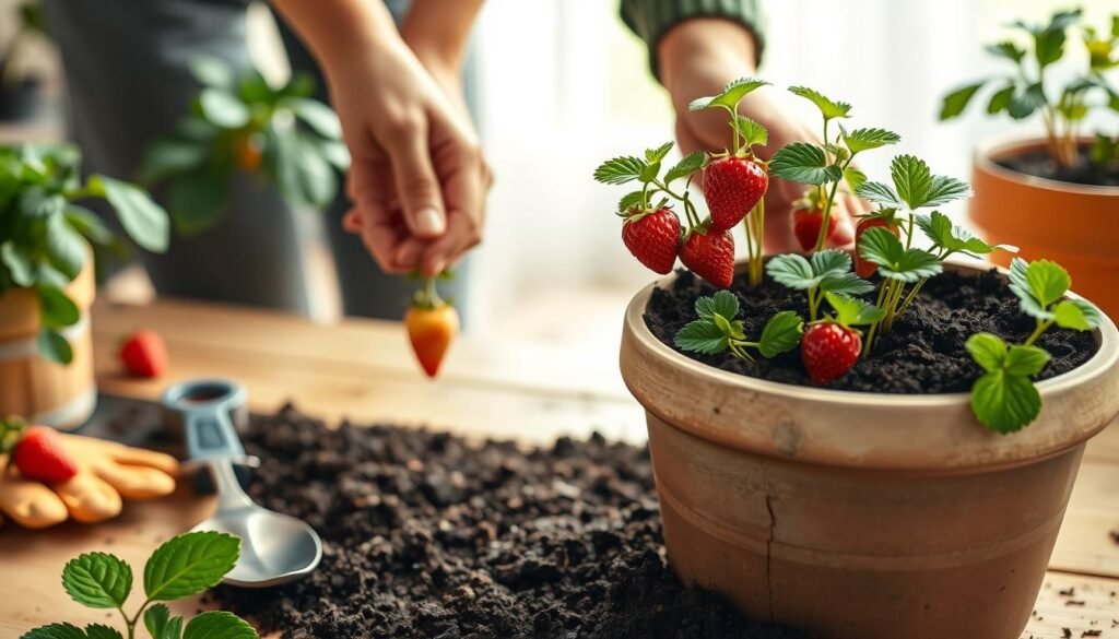 A neatly arranged scene of a person preparing to plant strawberry seedlings in a ceramic pot. The foreground features the pot filled with rich, dark soil, and the person's hands gently placing the young strawberry plants into the soil. In the middle ground, a small trowel and gardening gloves are visible, hinting at the care and attention the gardener will give to the plants. The background showcases a bright, airy space with soft, natural lighting filtering in, creating a serene and inviting atmosphere. The overall composition conveys a sense of anticipation and the joy of nurturing something new.