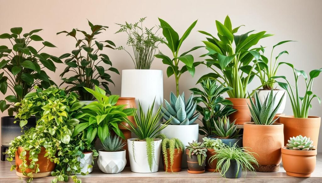 A neatly arranged still life of various potted plants, capturing the essence of "especies para cultivo em recipientes" (plant species for container cultivation). The foreground features a diverse collection of lush, thriving houseplants in an array of shapes, sizes, and textures - from trailing vines to compact succulents, all meticulously tended. The middle ground showcases a variety of decorative pots and planters, ranging from sleek modern designs to rustic terracotta vessels, complementing the foliage. The background subtly fades into a softly lit, neutral studio setting, allowing the plants to take center stage. The lighting is warm and natural, highlighting the vibrant colors and healthy foliage, creating an inviting and aspirational scene for the "Escolhendo as plantas certas" (Choosing the right plants) section.