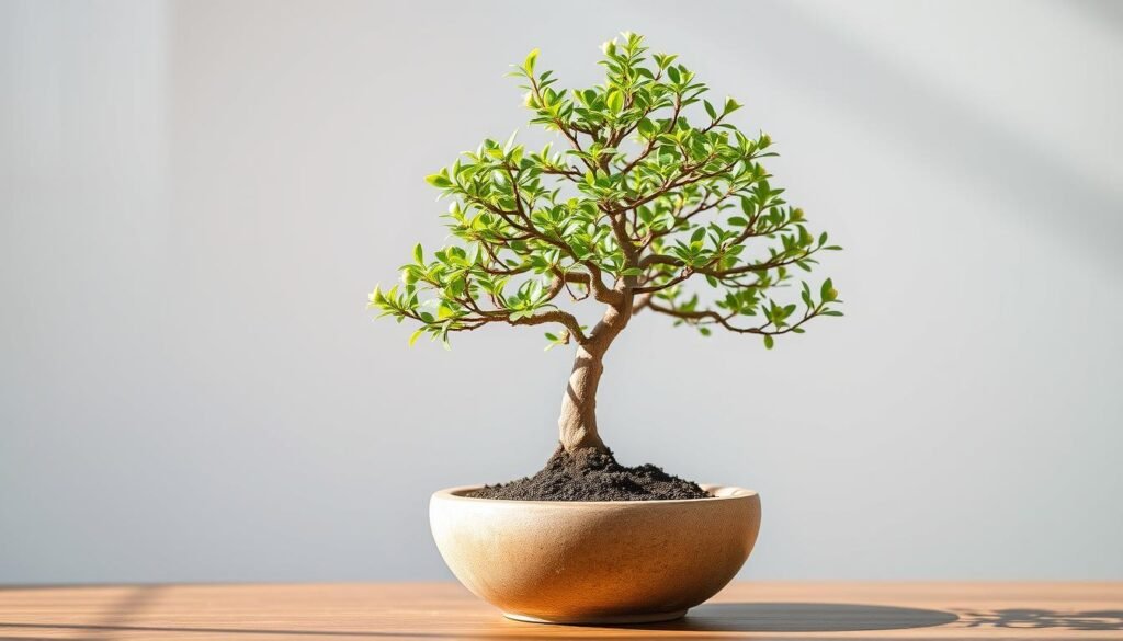 A potted bonsai-style mini-tree, its delicate branches and foliage emerging from a sleek, modern ceramic vessel. The pot is a neutral, earthy tone, allowing the vibrant greenery to take center stage. Soft, diffused natural lighting casts gentle shadows, highlighting the intricate details of the plant's structure. The composition is balanced and harmonious, showcasing the ideal vessel for cultivating a healthy, thriving mini-tree indoors. The scene conveys a sense of tranquility and care, perfect for illustrating the ideal planter for growing mini-trees in a home or office setting.