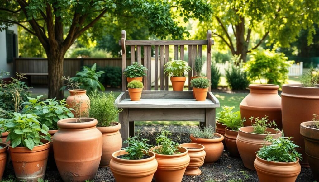 A rustic yet elegant composition of handcrafted terracotta planters, meticulously arranged in a neatly manicured garden setting. The foreground features an assortment of various sized pots, their warm earthy tones complementing the lush greenery of thriving herbs and small plants. In the middle ground, a wooden potting bench stands as the centerpiece, its weathered surface adding a charming, homespun touch. The background showcases a serene outdoor scene, with sunlight filtering through the canopy of verdant trees, casting a soft, natural glow over the entire tableau. The overall mood is one of tranquility, inviting the viewer to envision the joys of cultivating a thriving home garden in these thoughtfully selected vessels.