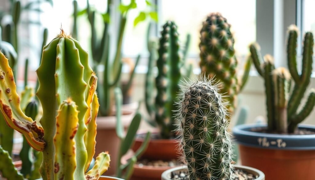 A serene indoor cacti garden with natural lighting, showcasing several common mistakes in cactus cultivation. In the foreground, an overwatered cactus with yellowing, wilted leaves; in the middle ground, a neglected cactus with dust-covered spines; and in the background, a cactus planted in an unsuitable container with poor drainage. The scene conveys a sense of educational guidance, with the flaws in cactus care highlighted to help the viewer learn from these examples. The lighting is soft and diffused, creating a warm, educational atmosphere.