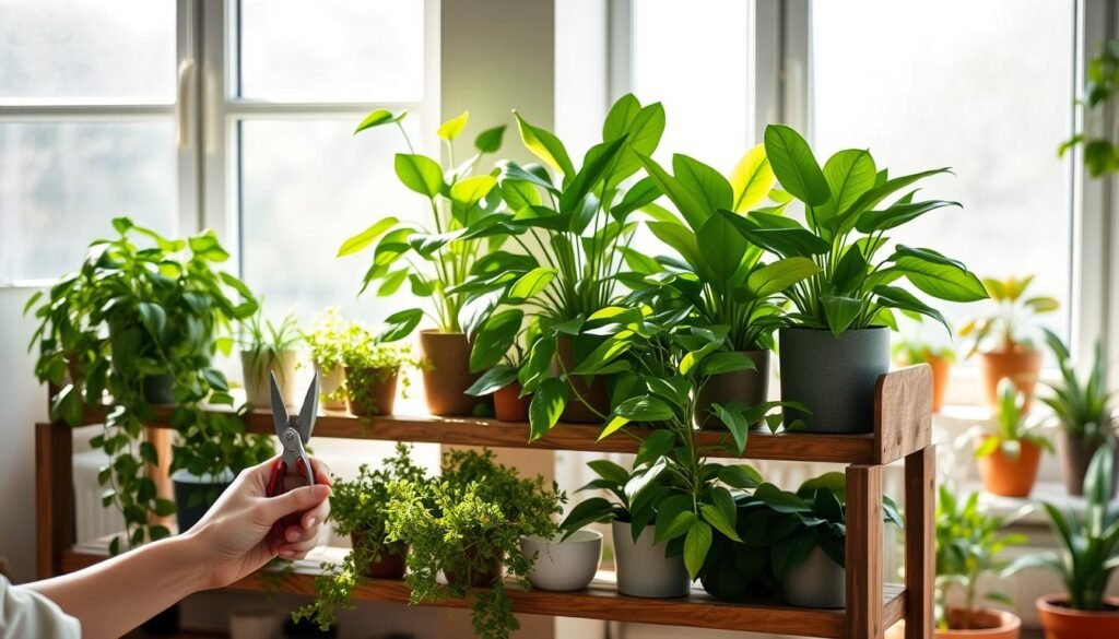 A serene indoor scene with lush, thriving houseplants arranged on a rustic wooden shelving unit. Diffused natural light streams in through large windows, casting a warm, soft glow on the verdant foliage. In the foreground, a gardener's hands tenderly prune and care for the plants, their movements graceful and deliberate. The middle ground features a variety of plant species - from trailing vines to sculptural succulents - each in perfect health, their leaves glossy and vibrant. The background hints at a cozy, plant-filled living space, with additional potted plants lining the windowsills. The overall atmosphere is one of nurturing tranquility, reflecting the diligent routines required to maintain pest-free, thriving indoor gardens.