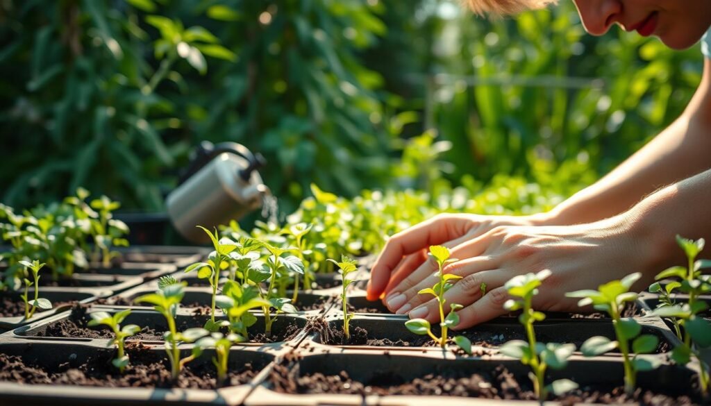 A serene, softly-lit scene of a gardener's hands tenderly tending to delicate herb seedlings. In the foreground, verdant sprouts emerge from soil-filled planter trays, their leaves gently glistening. The middle ground features the gardener's focused expression as they carefully water and prune the young plants, ensuring their optimal growth. In the background, a lush, verdant garden setting with towering plants and dappled sunlight filtering through. The overall mood is one of tranquility, reverence, and the nurturing care essential for cultivating healthy herbs.