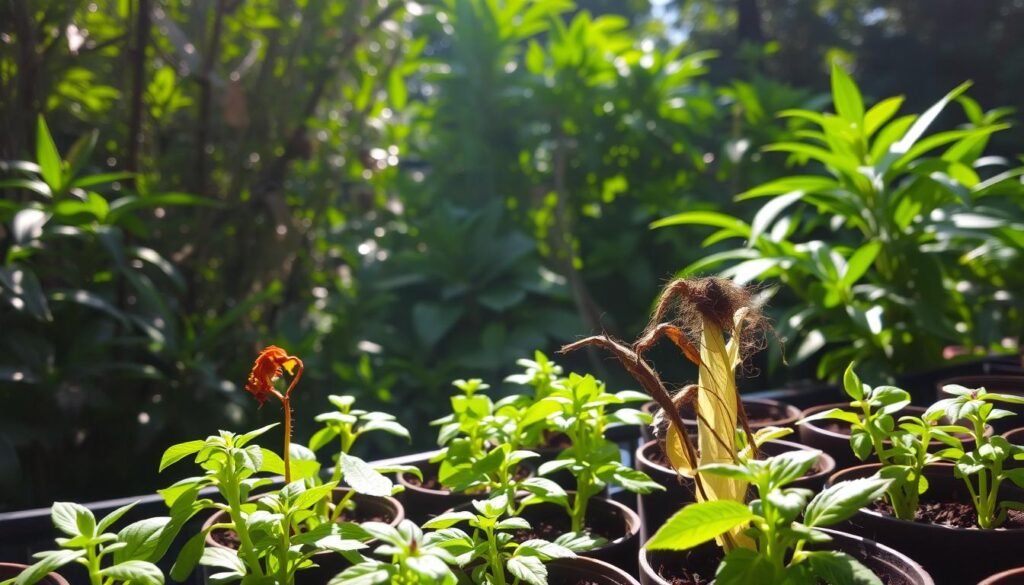 A shaded garden setting, with lush greenery and vibrant foliage in the background. In the foreground, a collection of potted plants and seedlings, some appearing wilted or discolored, highlighting common cultivation errors. Soft, indirect lighting casts gentle shadows, creating an atmospheric and educational scene. The composition emphasizes the challenges of growing plants in low-light conditions, inviting the viewer to learn from the mistakes depicted.